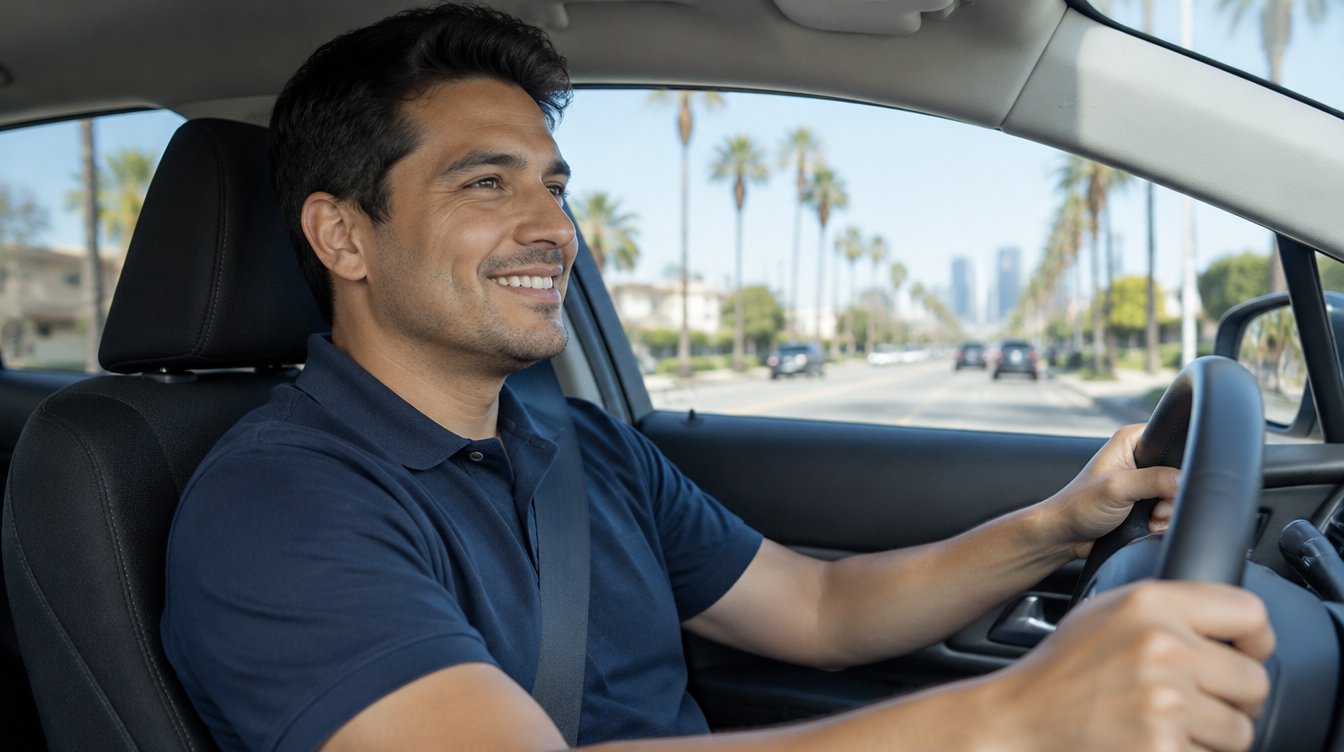 Smiling rideshare driver behind the wheel of a Ford Fusion